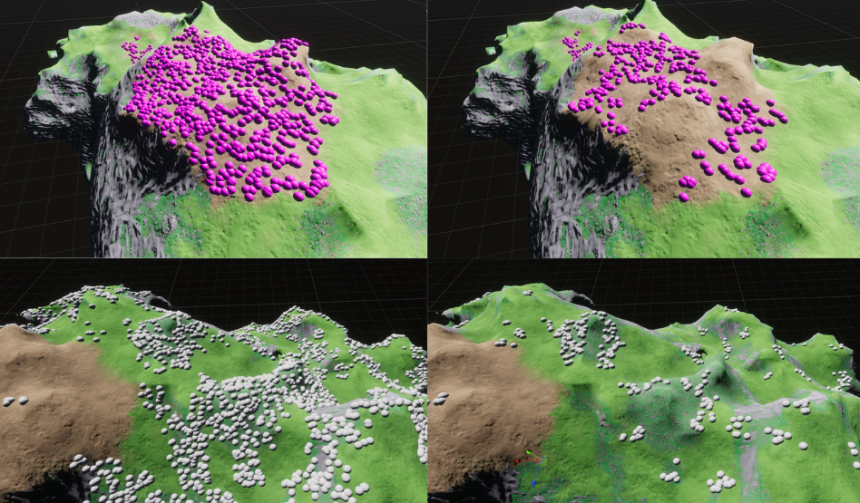 Sub-biome surface scattering information is now generated and exported for all nav-mesh agent types. This means that AI can be scattered on areas that they can walk on and not on unwalkable areas like in older versions. Left is normal scattering and right is AI scattering.